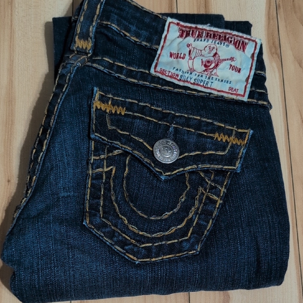 Vintage True Religion Women's Dark Blue Jeans with Gold Stitching